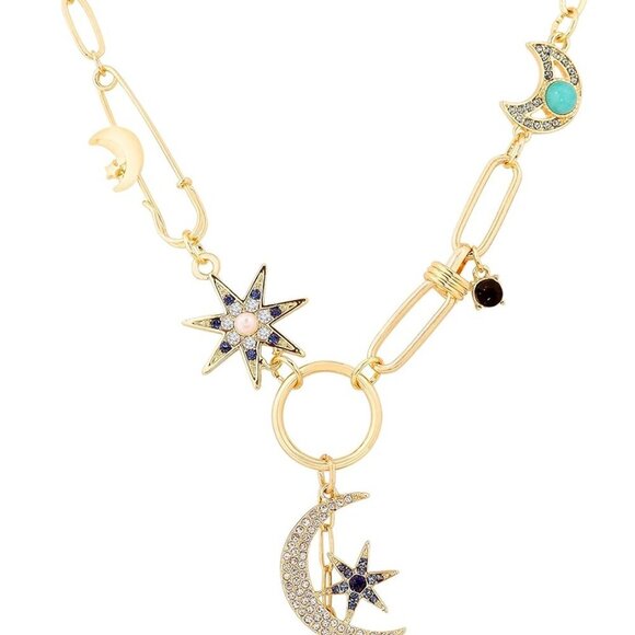Boho Gold-Tone Moon and Star Necklace, Star Jewelry, Gold-tone Charm Boho Neckla - Picture 1 of 7